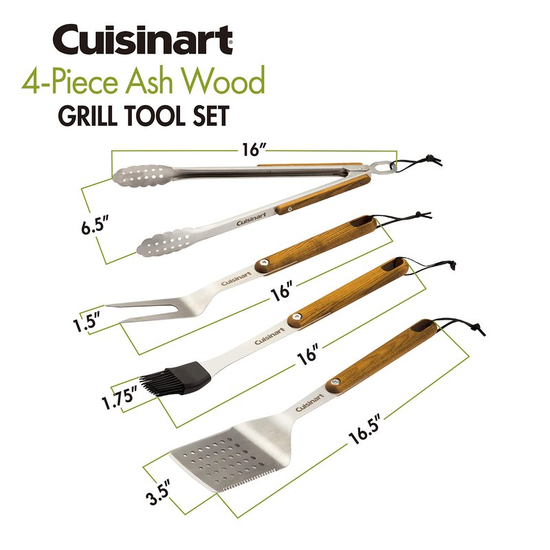 Cuisinart CGS-1100 (Spatula, Locking Tongs, Fork, Basting Brush) 4-Piece Grill Tool Set, Ash Wood Handle