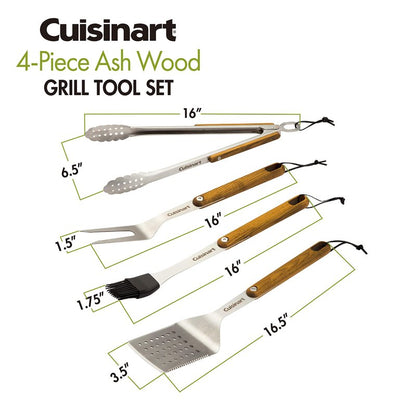 Cuisinart CGS-1100 (Spatula, Locking Tongs, Fork, Basting Brush) 4-Piece Grill Tool Set, Ash Wood Handle