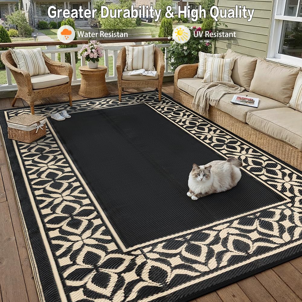 PureCozy Outdoor Plastic Straw Rug Black Beige Large Outside Waterproof Outdoor Patio 10x14 Carpet Geometric Reversible Mat Modern for Camping RV Porch Deck Balcony Beach