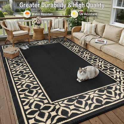 PureCozy Outdoor Plastic Straw Rug Black Beige Large Outside Waterproof Outdoor Patio 10x14 Carpet Geometric Reversible Mat Modern for Camping RV Porch Deck Balcony Beach