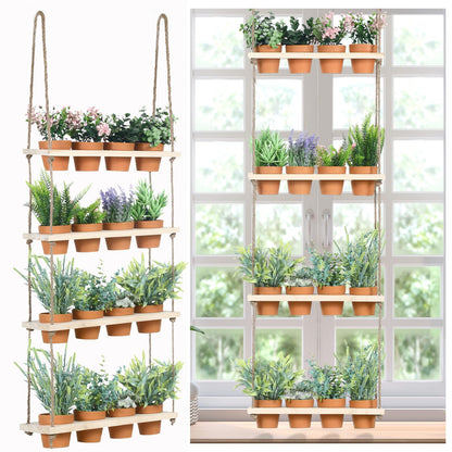 FillTouch 4 Tiered Window Plant Shelves Hanging Herb Planter Indoor Display with 16 Pcs Flower Pots Wood Window Plant Hanger for Grow Herbs Succulents Microgreens Seedling Organization