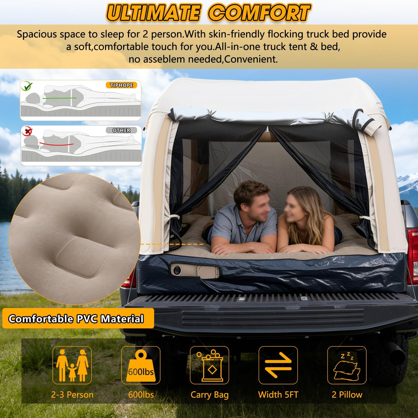 TIPHOPE All-in-One Inflatable Truck Bed Tent with Mattress for 5.5-6.5FT,Built in Wireless Rechargeable Air Pump,3 Mins Fast Setup,Waterproof PU 2000MM Pickup Truck Tent for Camping Road Trip