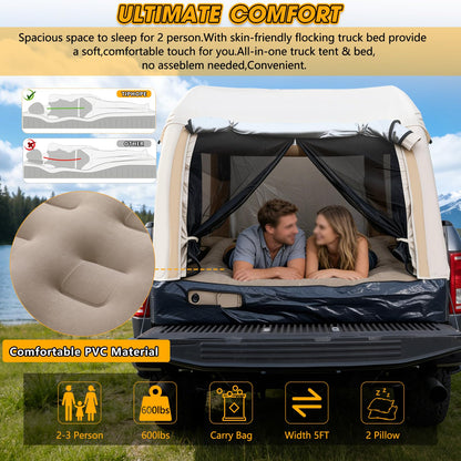 TIPHOPE All-in-One Inflatable Truck Bed Tent with Mattress for 5.5-6.5FT,Built in Wireless Rechargeable Air Pump,3 Mins Fast Setup,Waterproof PU 2000MM Pickup Truck Tent for Camping Road Trip
