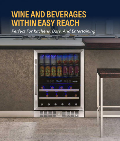 NewAir 24" Dual Zone Beverage Refrigerator & Wine Cooler for 20 Bottles & 70 Cans | Freestanding or Built-In Under Counter Mini Fridge for Beer, Wine and Soda | Stainless Steel