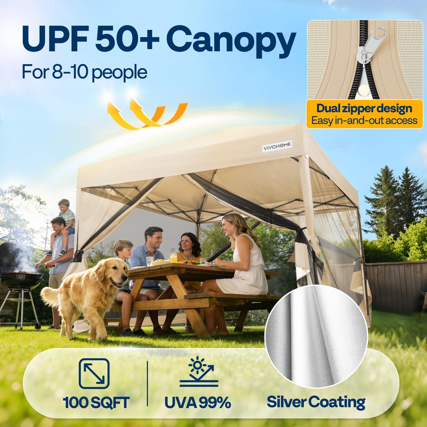 VIVOHOME 10x10ft Easy Pop-Up Canopy, Outdoor Screen Tent with Mosquito Netting, 2 Zipper Doors, and Roller Bag for Yard Camping Picnic Party Events, Beige