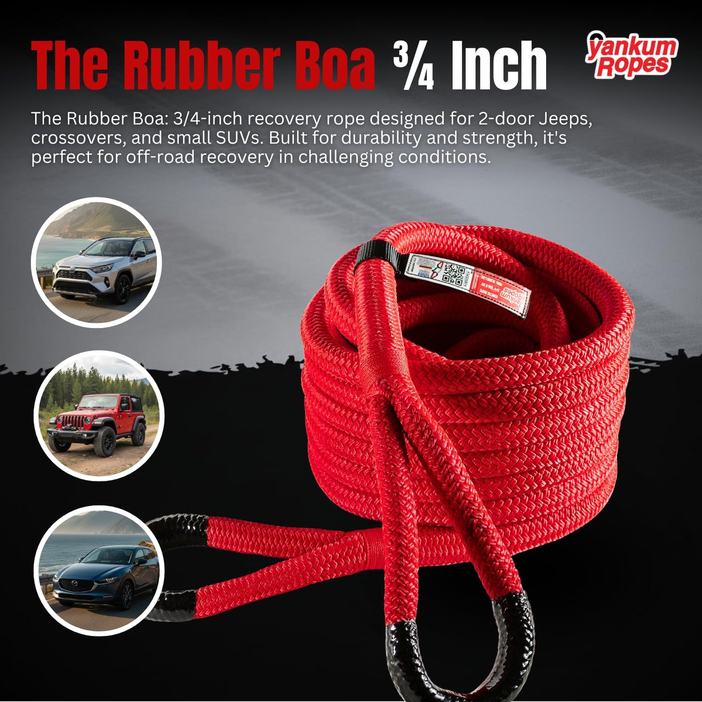 Yankum Kinetic Recovery Rope - Heavy Duty 3/4" x 30' Tow Rope, Off-Road & Vehicle Recovery Kit, Kinetic Energy Snatch Strap, Soft Shackles for 4x4, Jeep, and Trucks, Made in USA – Rubber Boa Series