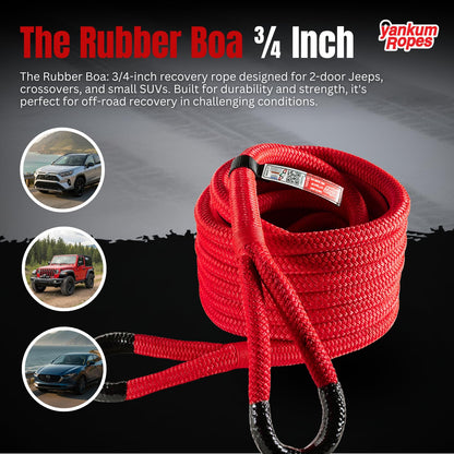 Yankum Kinetic Recovery Rope - Heavy Duty 3/4" x 30' Tow Rope, Off-Road & Vehicle Recovery Kit, Kinetic Energy Snatch Strap, Soft Shackles for 4x4, Jeep, and Trucks, Made in USA – Rubber Boa Series