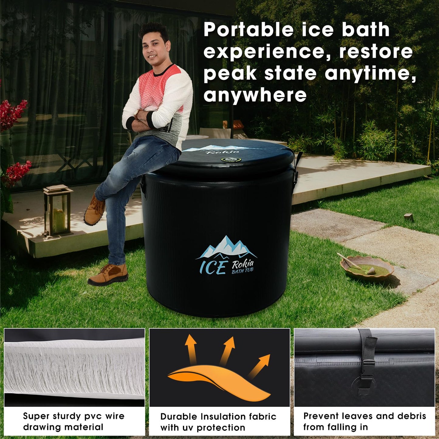 Rokia R XL 150-Gallon Inflatable Ice Bath Tub for Athletes – Water Chiller Compatible Cold Plunge Tub with 6-Layer Durable Design, Insulated Lid – Portable Recovery Tub for Indoor/Outdoor Use
