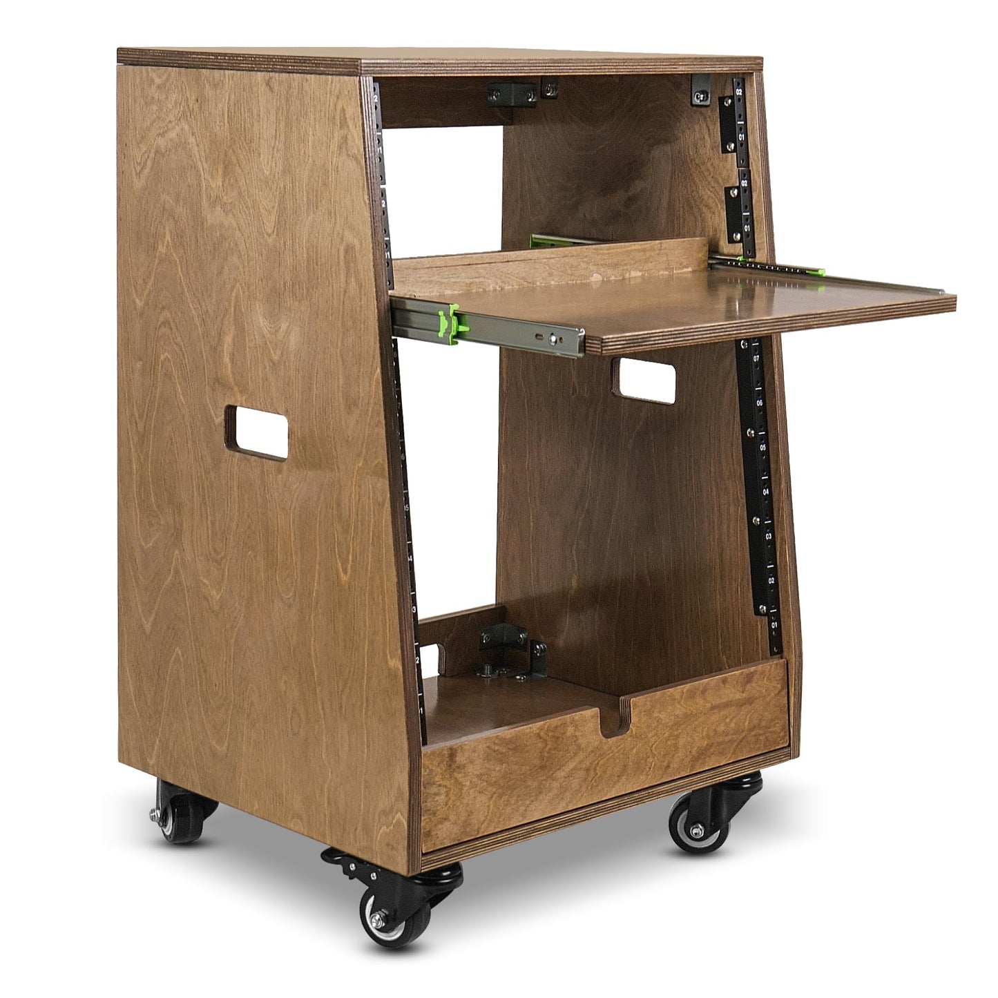 Sound Town DIY Slanted 12U Studio Rack (4U Top + 8U Lower), with 2U Bottom Storage, Slide-Out Tray, Caster, Plywood, Weathered Brown for Recording Room, Home Studio (SDRK-ST12TB)