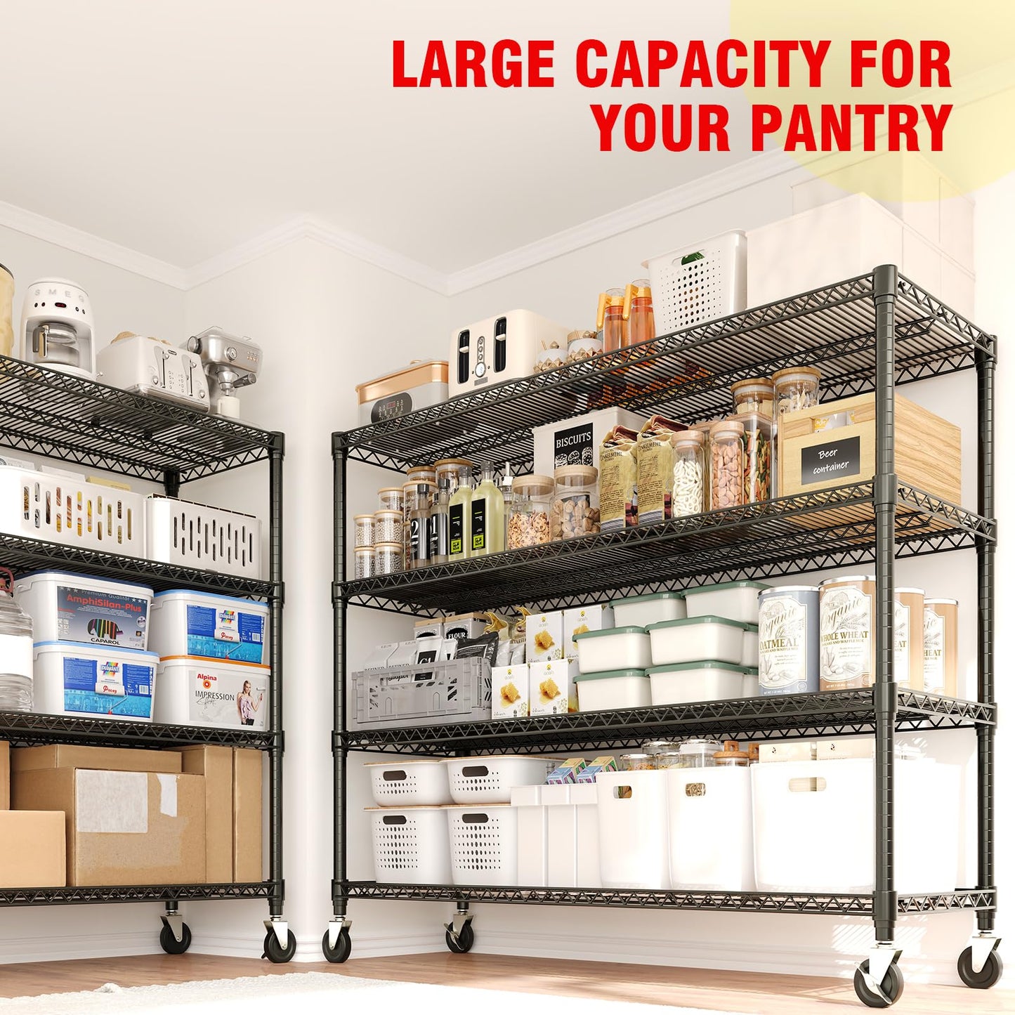 Garvee Metal Shelving 4-Tiers with Wheels, 2640LBS Heavy Duty Storage Shelves for Garage Kitchen, Rolling Shelving Units Wire Rack with Feet, 59" Wx71.8 Hx17.7 D,Adjustable & Easy Assemble, Black