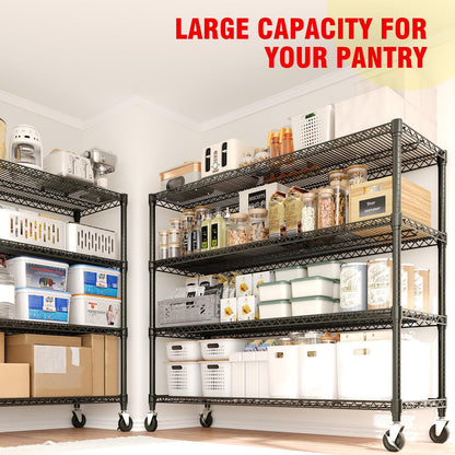 Garvee Metal Shelving 4-Tiers with Wheels, 2640LBS Heavy Duty Storage Shelves for Garage Kitchen, Rolling Shelving Units Wire Rack with Feet, 59" Wx71.8 Hx17.7 D,Adjustable & Easy Assemble, Black