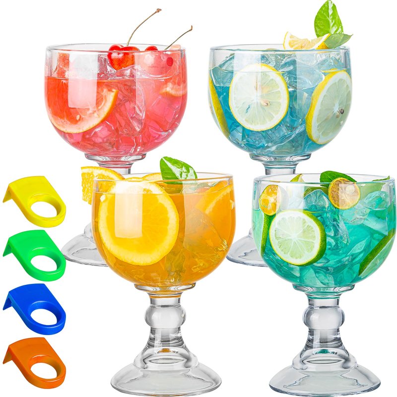wookgreat Schooner Beer Glasses 21.5 Oz Set of 4, Extra Large Margarita Glass With 4 Color Clips, Shrimp Cocktail Goblet, Large Stemmed Glasses With Thick Bottom, Crystal Clear Bar Glassware