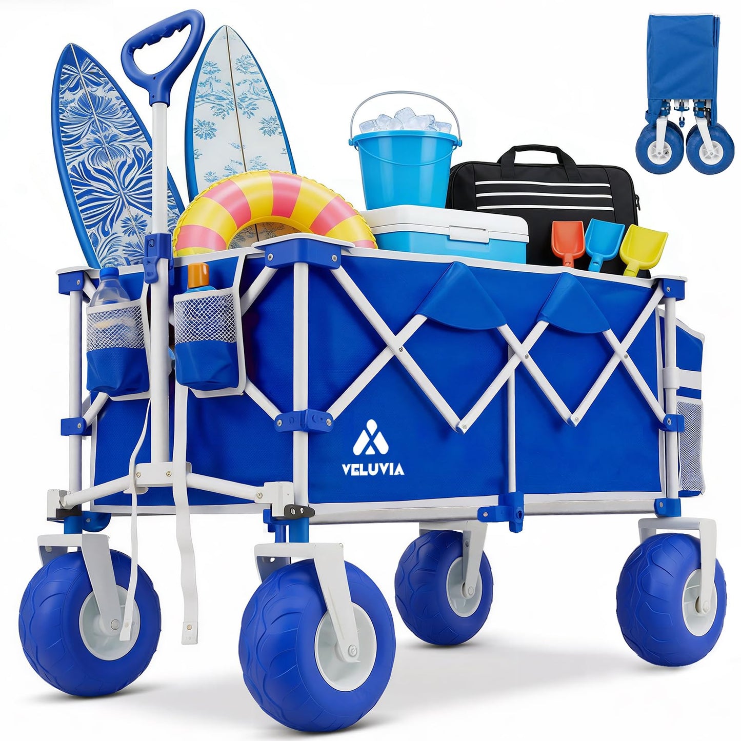 VELUVIA Beach Wagon with Balloon Wheels for Sand - 450LBS Heavy Duty Foldable All Terrain Wagon with 9" Balloon Tires- Collapsible Beach Dolly with Adjustable Handle & Cooler Bag for Beach - Blue