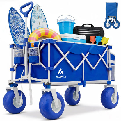 VELUVIA Beach Wagon with Balloon Wheels for Sand - 450LBS Heavy Duty Foldable All Terrain Wagon with 9" Balloon Tires- Collapsible Beach Dolly with Adjustable Handle & Cooler Bag for Beach - Blue