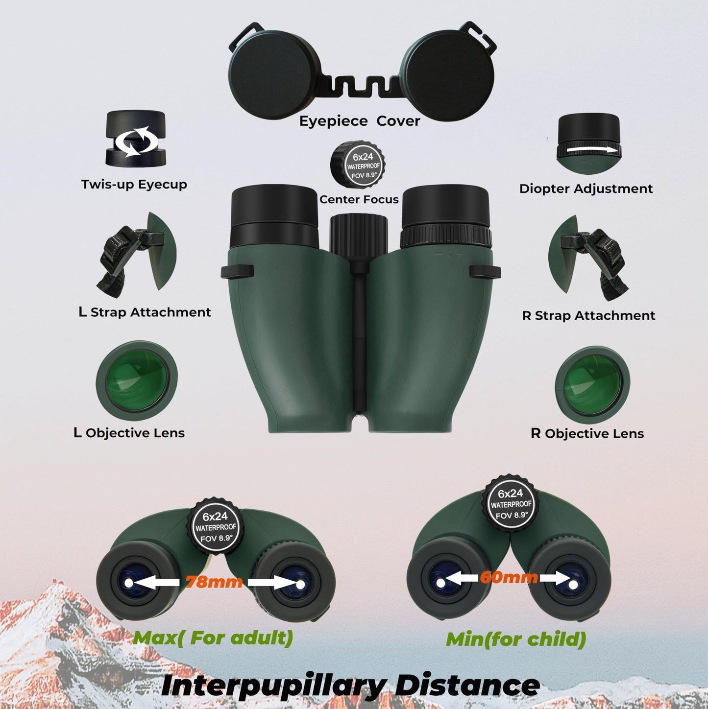 INFISCOPE 6x24 Compact Binoculars HD - 0.5m Close Focus Waterproof Fog-Proof IPX7,BAK-4 Prism Binoculars for Bird Watching, Hunting & Travel, Twist-Up Eyecups & 388g Lightweight for Adults/Kids