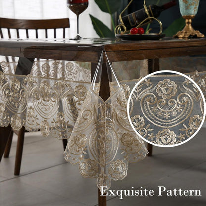 Rakila Clear Plastic Rectangle Tablecloth Vinyl Waterproof Table Cloth Embroidered Lace Edge Transparent Table Cover for Dining Kitchen Outdoor(60 x 118 inch, Coffee Style 1)
