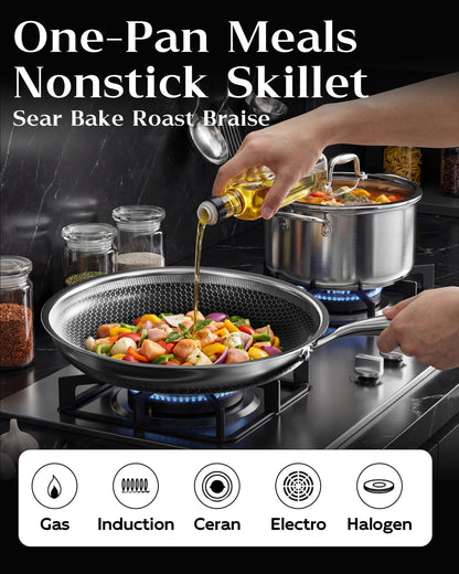 XBM Nonstick Frying Pan Set with 3 Lids, 8+10+12 Inch, Honeycomb Stainless Steel Skillet Pans Set, PFOA-Free Scratch-Proof, Dishwasher & Oven Safe, Compatible with All Cooktops