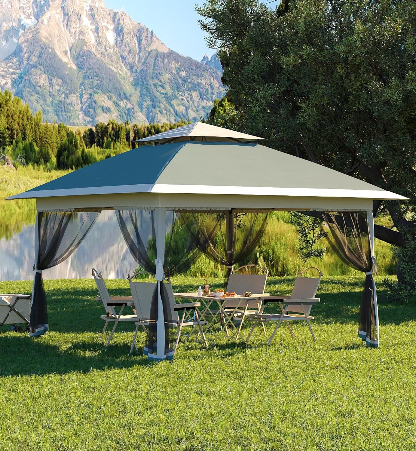 13x13 FT Pop-Up Gazebo with Mosquito Netting and UV-Resistant Outdoor,Canopy Tent with Mosquito Netting,Outdoor Patio for Party,Wedding,Dining,Dark Army Green + Gray