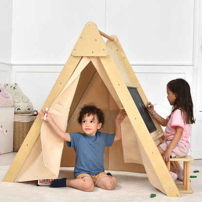 Avenlur Oak Foldable Triangle Climber 5 in 1 Kids Playhouse Hideaway Montessori Learning Play Tent, Desk, Chair Stool, Art Easel, Chalkboard, Teepee Climbing, Crawling Tunnel Toy Toddler Playset