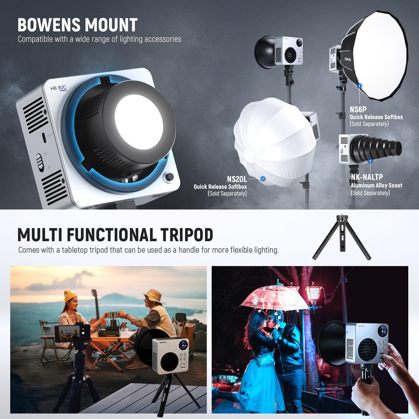 NEEWER HB80C RGBWW LED Video Light with Built-in 72Wh Battery & 100W PD Fast Charging, 80W Mini RGB COB Continuous Output Lighting Bowens Mount Handheld Spotlight 2500K-7500K, 10400lux/m, 18 Effects