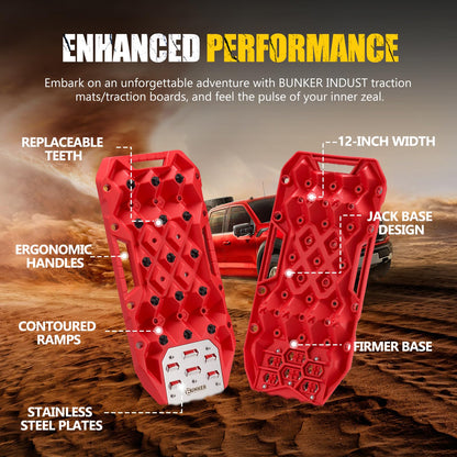 BUNKER INDUST Offroad Traction Boards with Jack Base, Pair Portable Recovery Track Tire Traction Mat - Red Sand,Mud,Snow Tracks(Replaceable Dual Colors Teeth/Rugged Steel Plate), Gen 12th