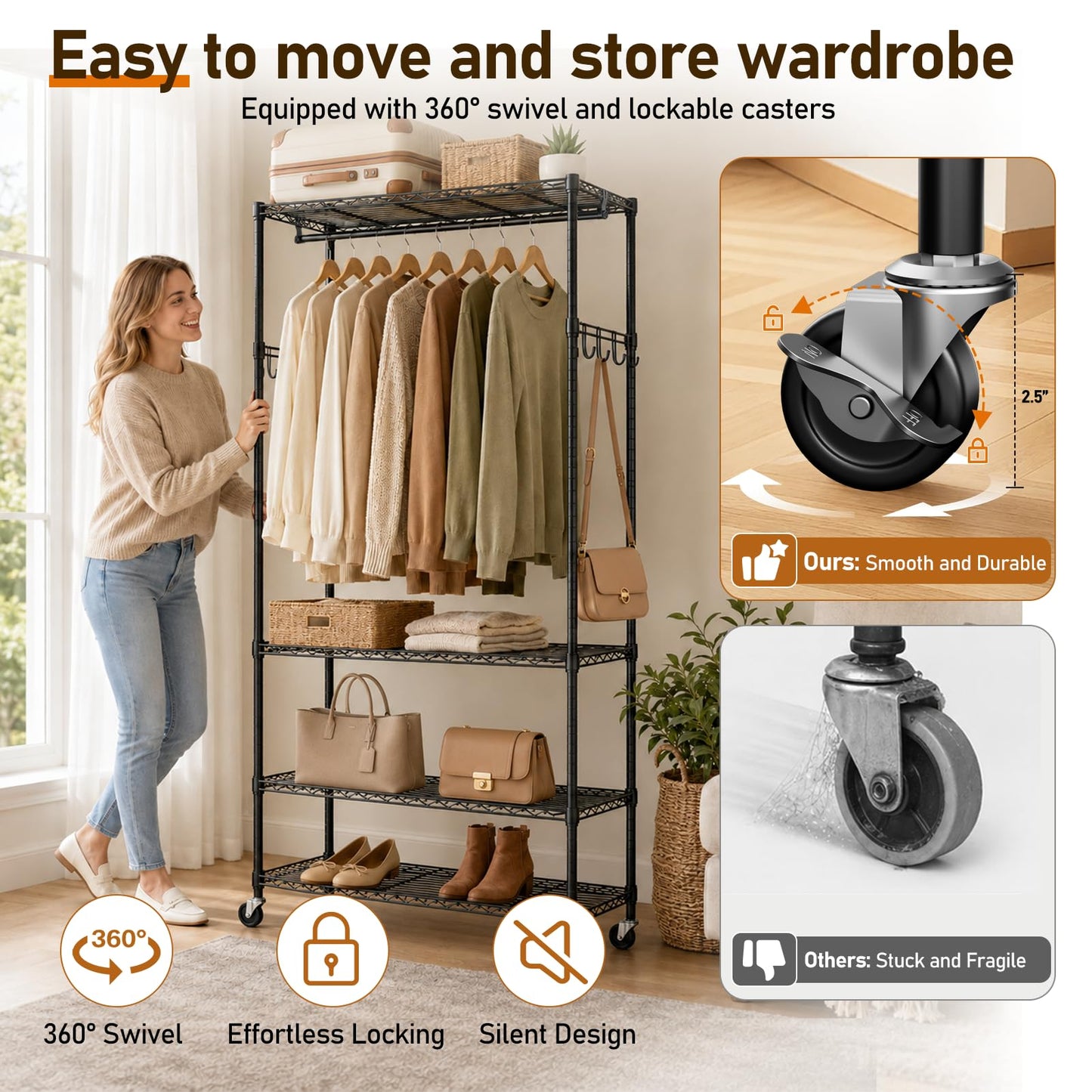 UEAKPIC 4 Tier Heavy Duty Wire Garment Rack, Adjustable Rolling Clothes Rack with Hanging Rod & Hook, Portable Closet Storage Organizers for Hanging Clothes, 35.4"W x 15.75"D x 70.9"H, 396LBS, Black