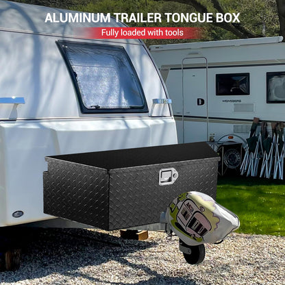 ExploreHorizon 39 Inch Aluminum Trailer Tongue Tool Box, Heavy Duty Utility Storage Box with Lock and Keys, Diamond Plate Waterproof Trailer Box Organizer for Pick Up Truck Beds - Black