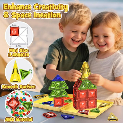 Mini Magnetic Tiles Travel Set - 40PCS Diamond Texture Magnetic Building Blocks for Kids 10% Thicker &amp Portable Yellow Metal Storage Box Montessori STEM Educational Toys Gift for Ages 3+