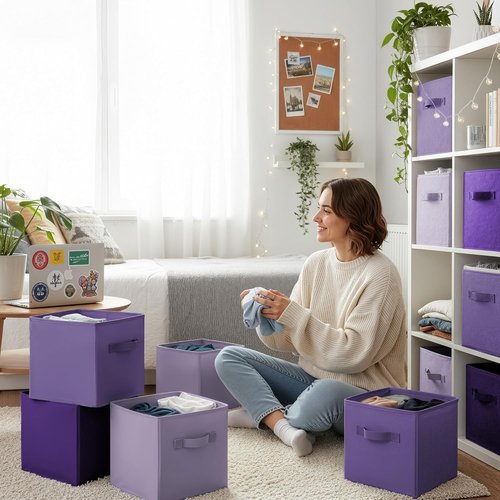 Granny Says Cube Storage Bins - 11 Inch Organizer with Handles | 6 Pack Purple Gradient Design