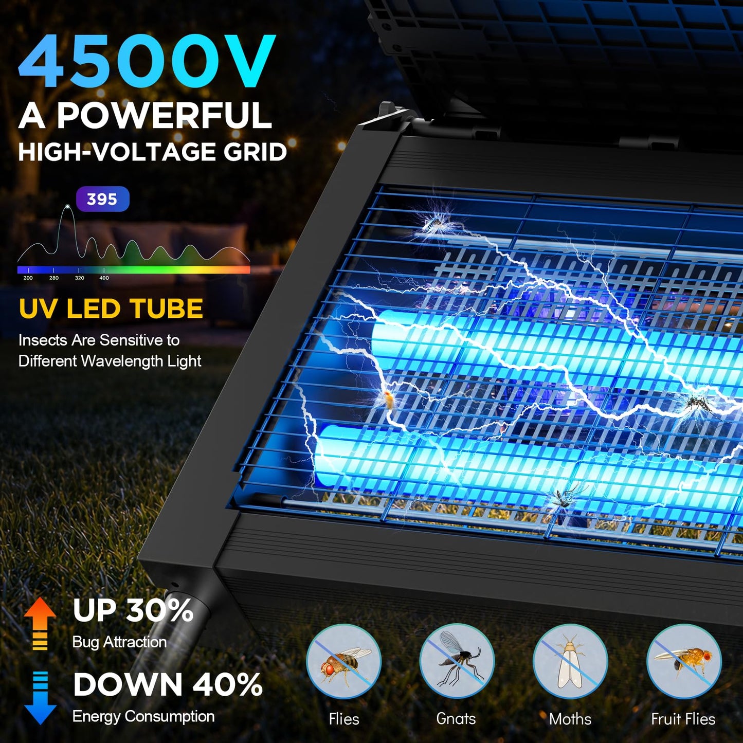 Solar Bug Zapper Outdoor, 4500V Outdoor Mosquito Zapper with Detachable Fold-Down Solar Roof Panel, IPX5 Waterproof Solar Powered Bug Zapper for Patio Yard Garden Backyard Camping, Hanging Stake Use