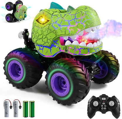 DYODYORC Remote Control Car 2.4Ghz All Terrain Dinosaur Monster Truck Toys RC Truck with Spay Music 3 Lighting Effects Stunt Capable Toy Gifts for Boys and Girls (Green Purple)