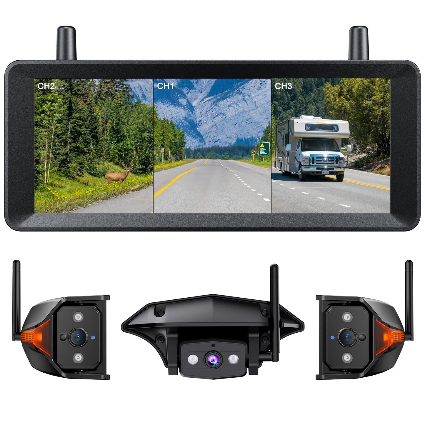 AUTO-VOX RV Backup Camera Wireless: Rear & Side Cameras with 7.2” HD 3 Split-Screen Recording Monitor, Flexible Suction Mount,Stable Signal & Dual Antenna for Camper, Fifth Wheel, Travel Trailer