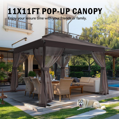 Pop Up Gazebo 11x11 - Outdoor Canopy Tent with Mosquito Netting & Wheeled Carry Bag, Double Roof Gazebos for Backyard Party Garden Wedding Camping (Brown, 11X11)