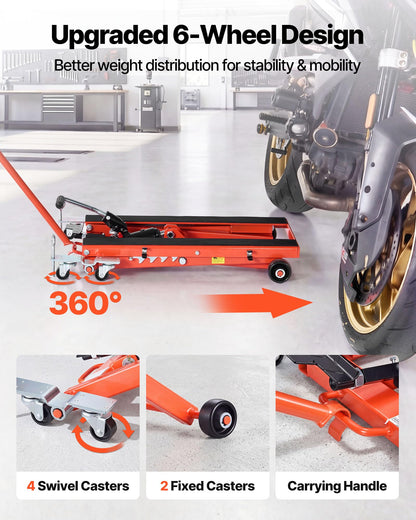 VEVOR Hydraulic Motorcycle Lift Jack, 1100 lbs Capacity, Scissor Lift Jack Portable Motorcycle Hoist Stand with 6 Wheels, 4.72"-15.15" Height Range, Hydraulic Foot-Operated Hoist Stand for Dirt Bikes