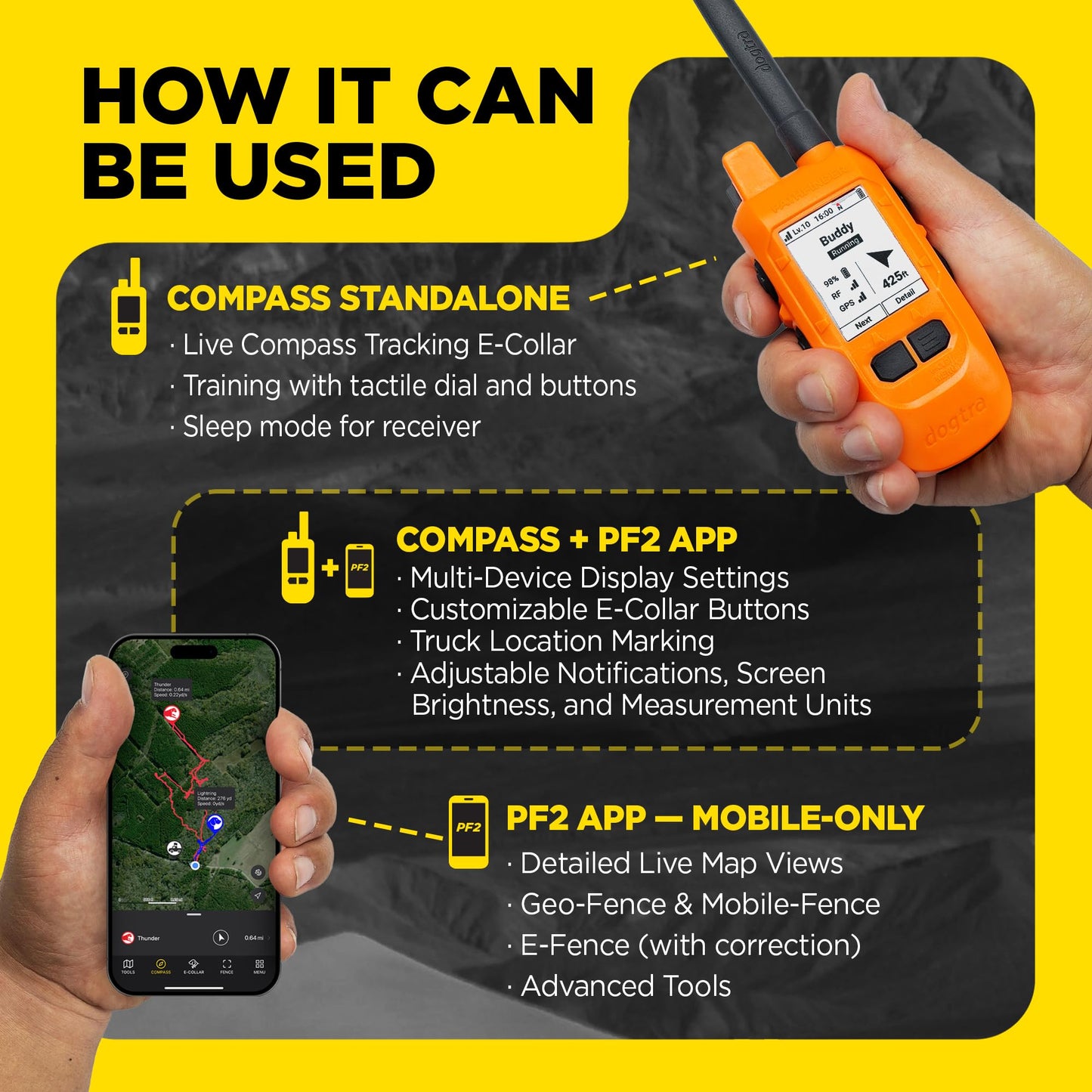 Dogtra PATHFINDER2 Compass Handheld Only - Live GPS Dog Tracking & Training E-Collar Remote (Requires Receiver), Built-in 2" LCD, No Subscription Required, 4 or 9-Mile Range, Expandable to 21 Dogs