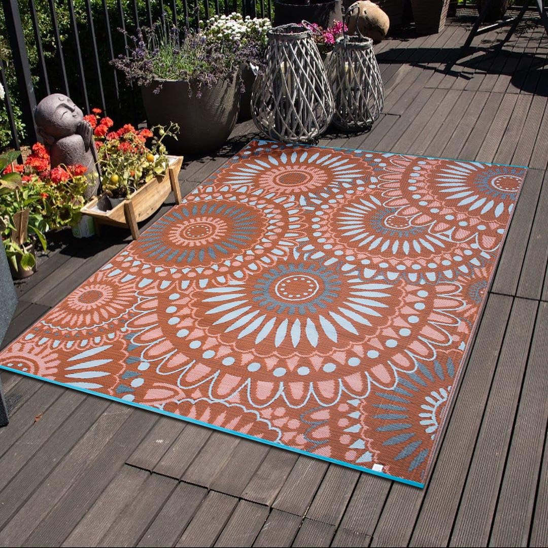 Santextile Reversible Outdoor/Indoor Plastic Straw Rugs Waterproof Portable Mat Easy to Clean Outdoor Patio Mat, Perfect for Garden, Patio, Picnic, Decking-（Blue,9x18Ft）