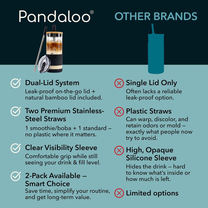 Pandaloo® Glass Cups With Lids and Straws -20 Fl Oz- Perfect Size Iced Coffee Cup - Smoothie Cup With Bamboo Lid and On the go Lid - Glass Tumbler With Straw (1 Count (Pack of 1), Black Saphir)