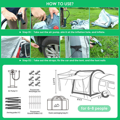 Inflatable SUV Tent for Camping, Large Quick Setup Blow Up Glamping Tents, 6-Person Tent with Detachable Car Attachment, Van Tents with Storage Bag &Projection Screen, Waterproof SUV Awning for Travel