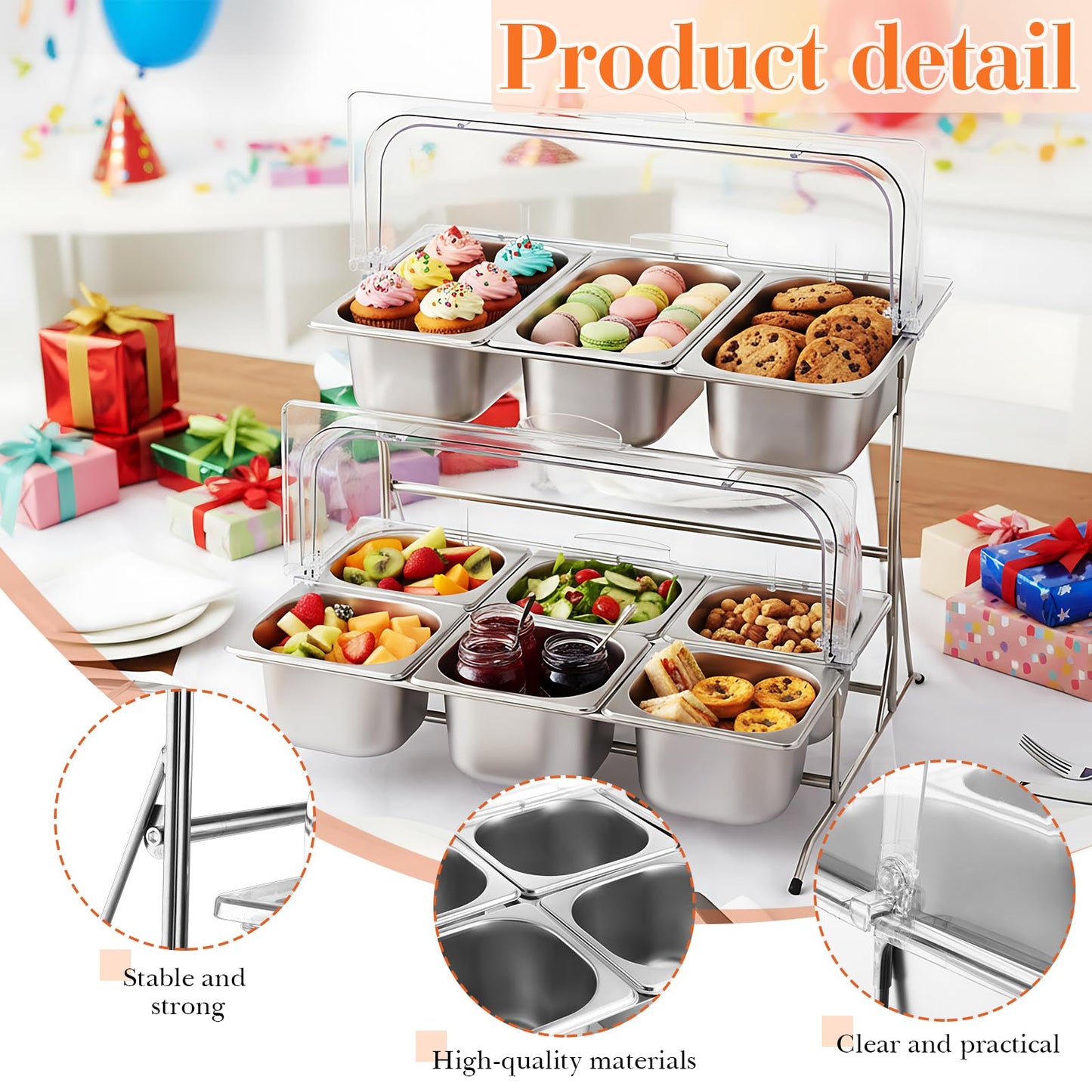Lallisa 2 Tiered Ice Food Serving Tray Countertop Food Serving Display Container for Buffet Restaurant Party, with Clear Roll Top Cover 6+3 Pan Buffet Condiment Dispenser
