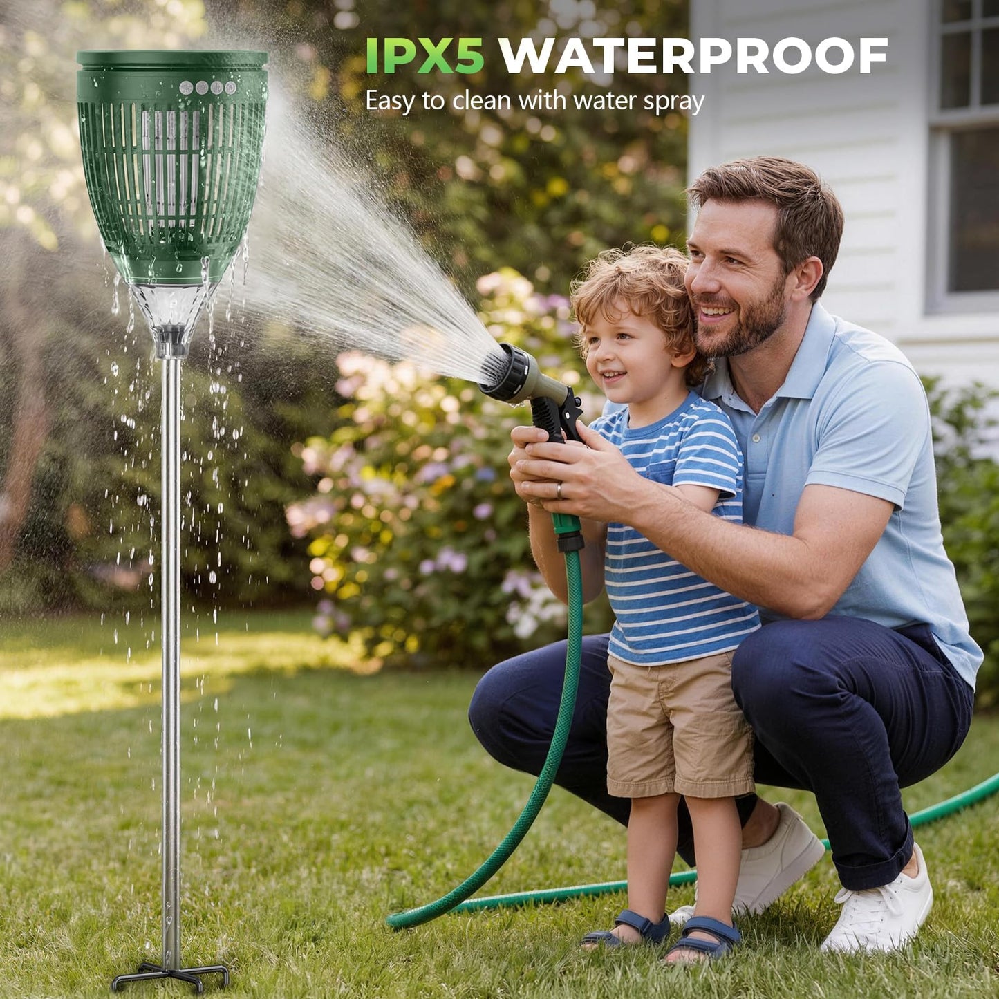 Solar Bug Zapper Outdoor Waterproof with Flame Effect Light, 10 Starry Ambient Light with Breathing Effect Height Adjustable with Ground Stake for Patio, Garden, Yard & Pathway (Green)