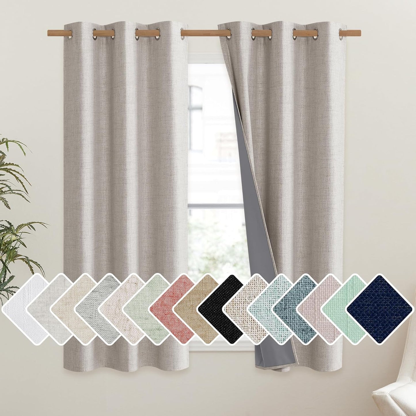 NICETOWN Vintage Open Linen Weave Flax Thermal Curtains - 100% Blackout, 63" Long, Set of 2 | Soundproof Drapes for Dining Room & Gym Room, 42" Wide Each