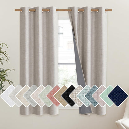 NICETOWN Vintage Open Linen Weave Flax Thermal Curtains - 100% Blackout, 63" Long, Set of 2 | Soundproof Drapes for Dining Room & Gym Room, 42" Wide Each