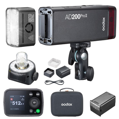 GODOX AD200 PRO II Flash (2025) AD200 PRO Strobe, Updated 200Ws 2.4G 1/512 to Full Power (1/1) Ten-Step Power Adjustment, Color Temperature Constant Mode ±100K Flash Head Pocket Flash Monolight