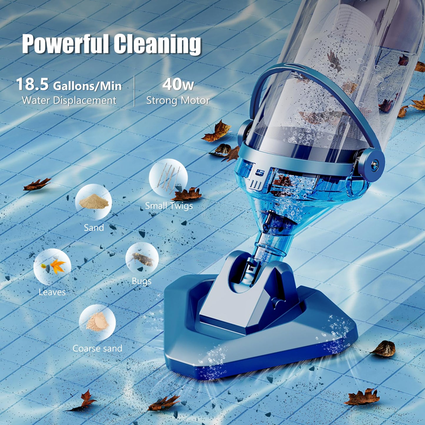 Pool Vacuum for Above Ground Pool with a Telescopic Pole, Running time up to 1H, Handheld Rechargeable Pool Cleaner with Powerful Suction up to 18.5 gallons/min, Ideal for Leaves & Debris, PC10