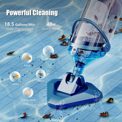 Pool Vacuum for Above Ground Pool with a Telescopic Pole, Running time up to 1H, Handheld Rechargeable Pool Cleaner with Powerful Suction up to 18.5 gallons/min, Ideal for Leaves & Debris, PC10