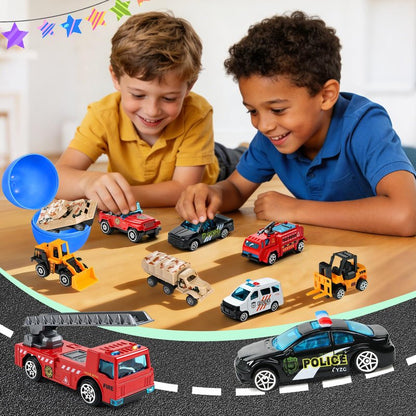 18 Pcs Prefilled Easter Eggs with Alloy Vehicles for Kids Die-Cast City Car Toys Construction Vehicles Easter Basket Stuffers Egg Fillers Egg Hunt Party Favors Classroom Prizes for Boys