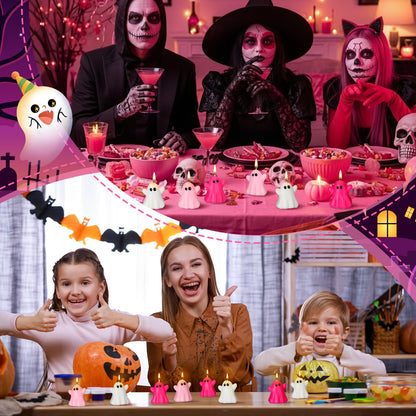 DoubleFill 12 Pcs Pink Halloween Ghost Candles Cute Burning Unscented Wax Candles Hot Pink Ghost Spooky Decor for Halloween Holidays Party Bedroom Table Decorations