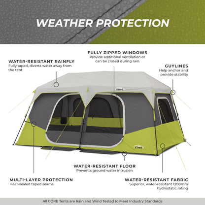 CORE 10 Person Instant Cabin Tent | Large Multi Room Family Pop Up Tent for 2 Minute Camp Setup | Included Storage Pockets for Camping Accessories