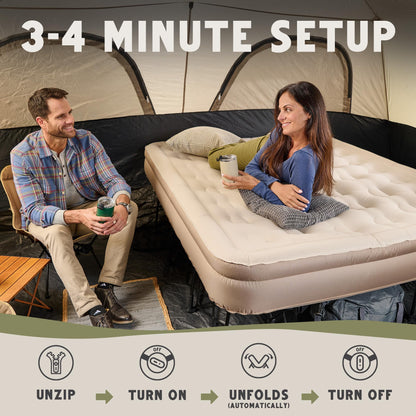 Oaktiv Queen Air Mattress with Frame, Self Inflating/Deflating Bed for Adults - PeakRest Blow Up Bed, Camping Cot with Mattress - Portable with Travel Rolling Case on Wheels