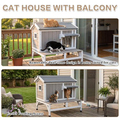 Pawbuilt Outdoor Cat House – Weatherproof Wooden Shelter with Elevated Base, Balcony & Openable Roof, 2-Story Cozy Condo with Built-in Cat Scratch Mat for Small, Feral, or Community Cats